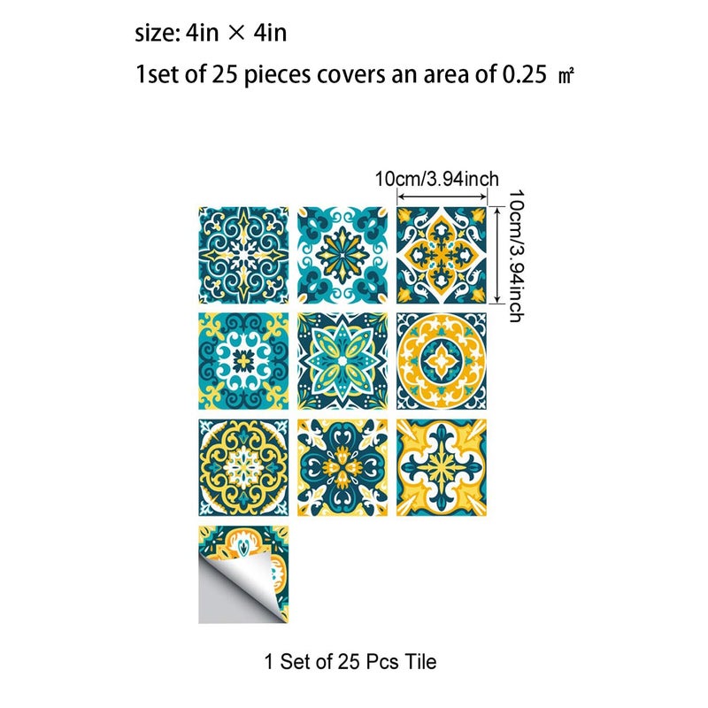 Jacklove 25 PCS Moroccan Style Tile Sticker, 4x4 Inch(10x10cm) Traditional DIY Murals, Tile Waterproof Oil Proof Removable Decals for Bathroom & Kitchen Backsplash (TS-212) - Image 2